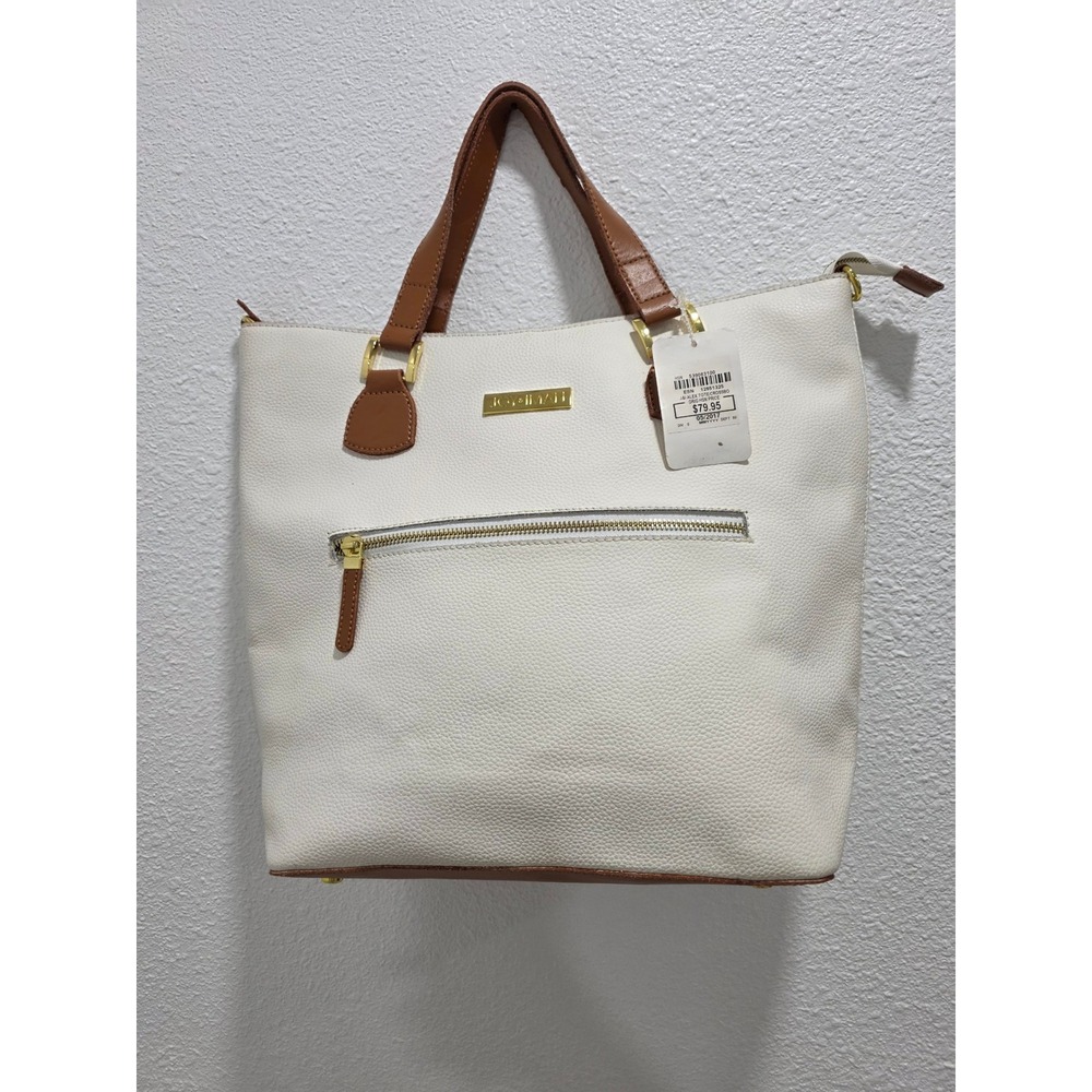 JOY IMAN White faux Leather Tote Bag with Matching Clutch and Brown Straps